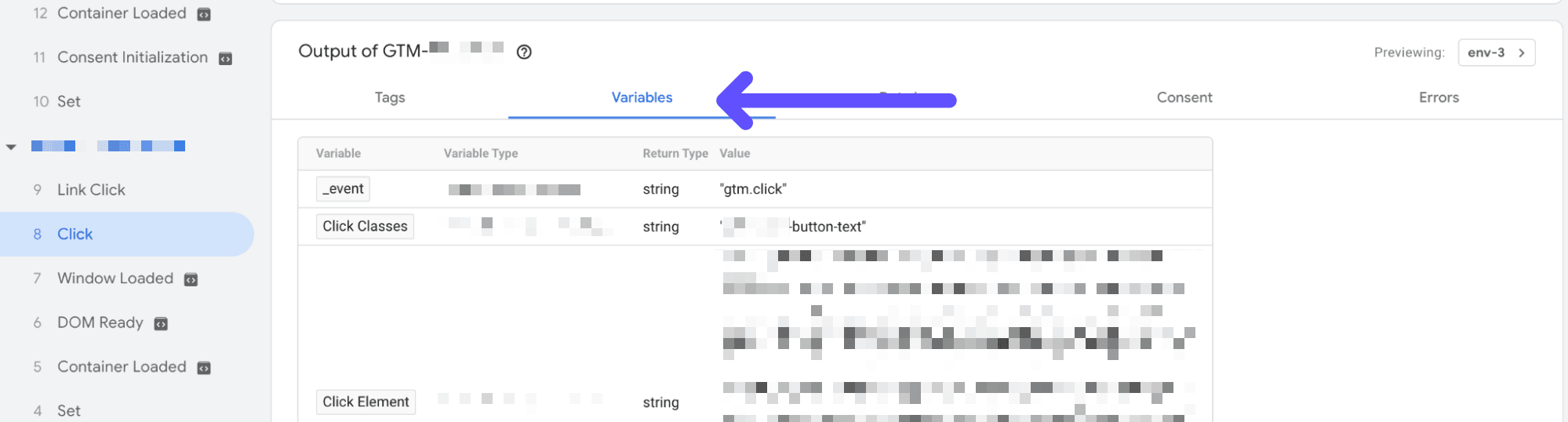 variables tab